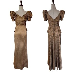 Vintage 30s Gold Striped Dress Puff Sleeve Evening Gown XS